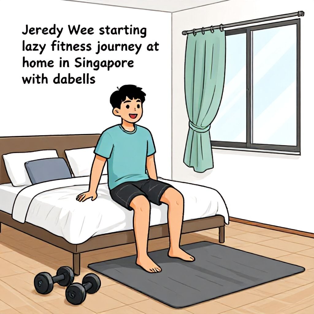 Jeredy Wee starting lazy fitness journey at home in Singapore with dumbbell